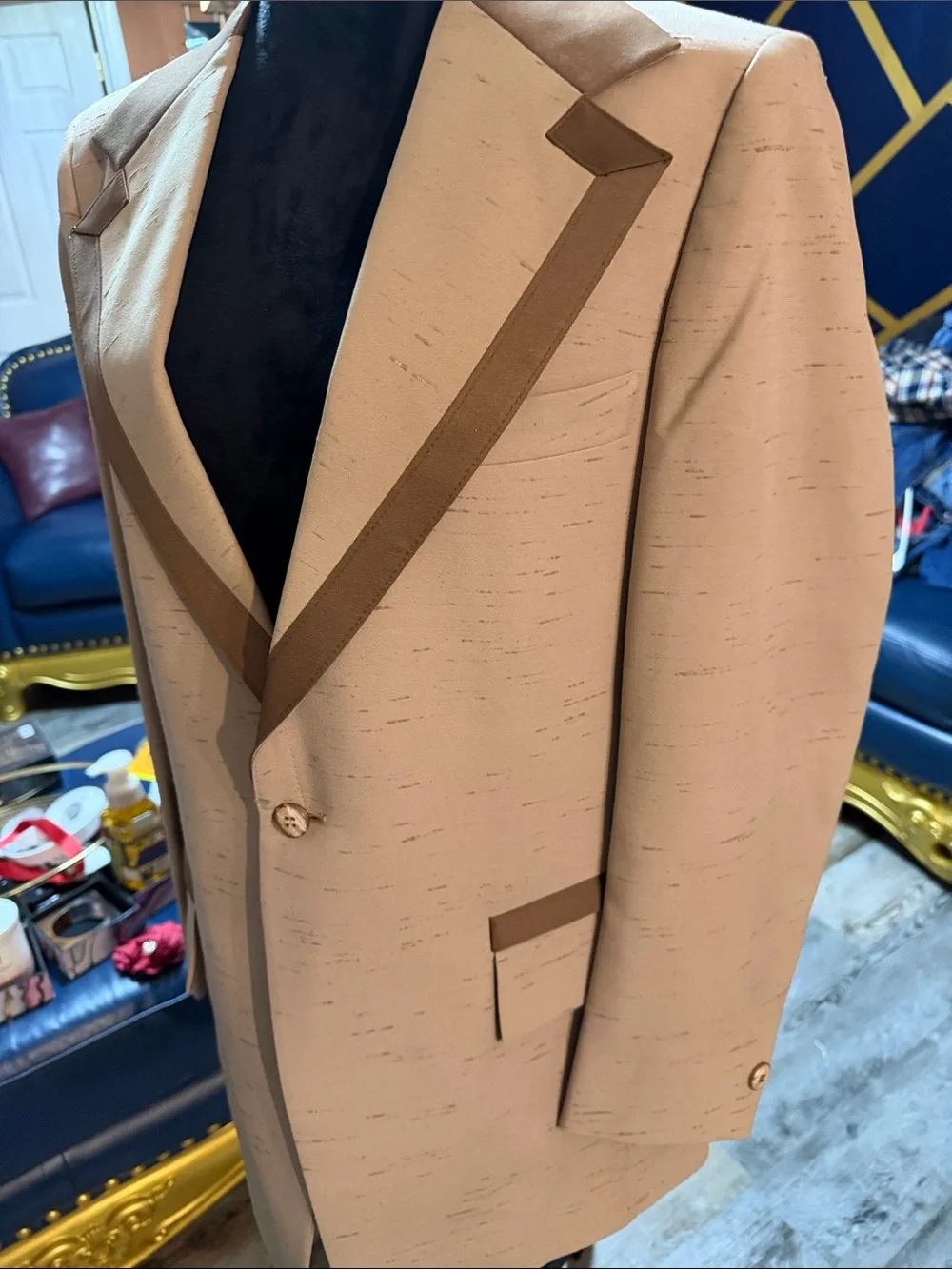 1970’s Vintage After Six Classic Men’s Tan Blazer with Contrast Trim
